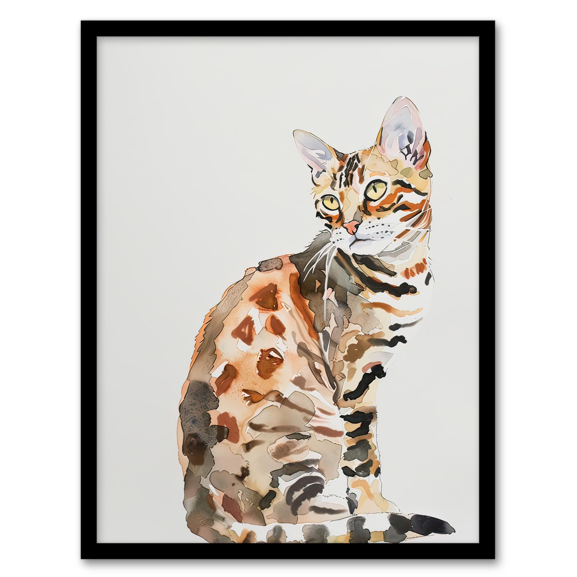 Artery8 Marble Coat Bengal Cat Lover Bright Watercolour Living Room Artwork Framed Wall Art Print A4