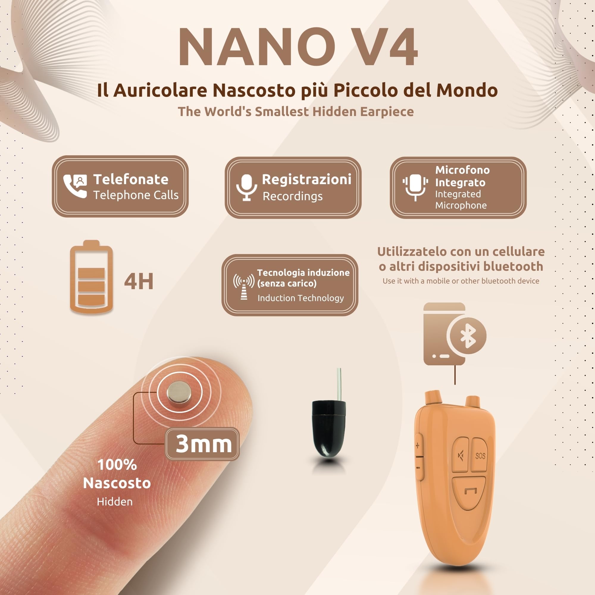 PingaOculto Auricolari Bluetooth Telefono (Nano V4 + Vip Pro UltraMini) | 2 microauricolari (Nano e Vip Pro UltraMini), Senza fili, Microfono integrato, Pulsante multifunzione, Registrazioni
