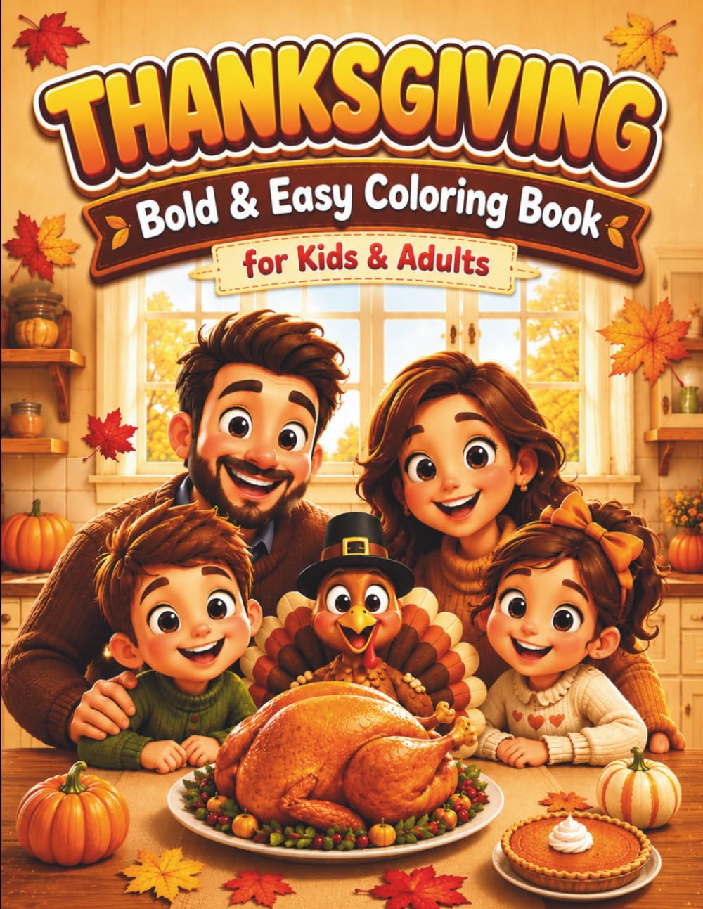 Thanksgiving Coloring Book for Kids and Adults: 50 Cute Bold and Easy Fall Designs with Turkeys, Pumpkins, Pies, Leaves, Pilgrims, Cornucopias and Harvest Fun