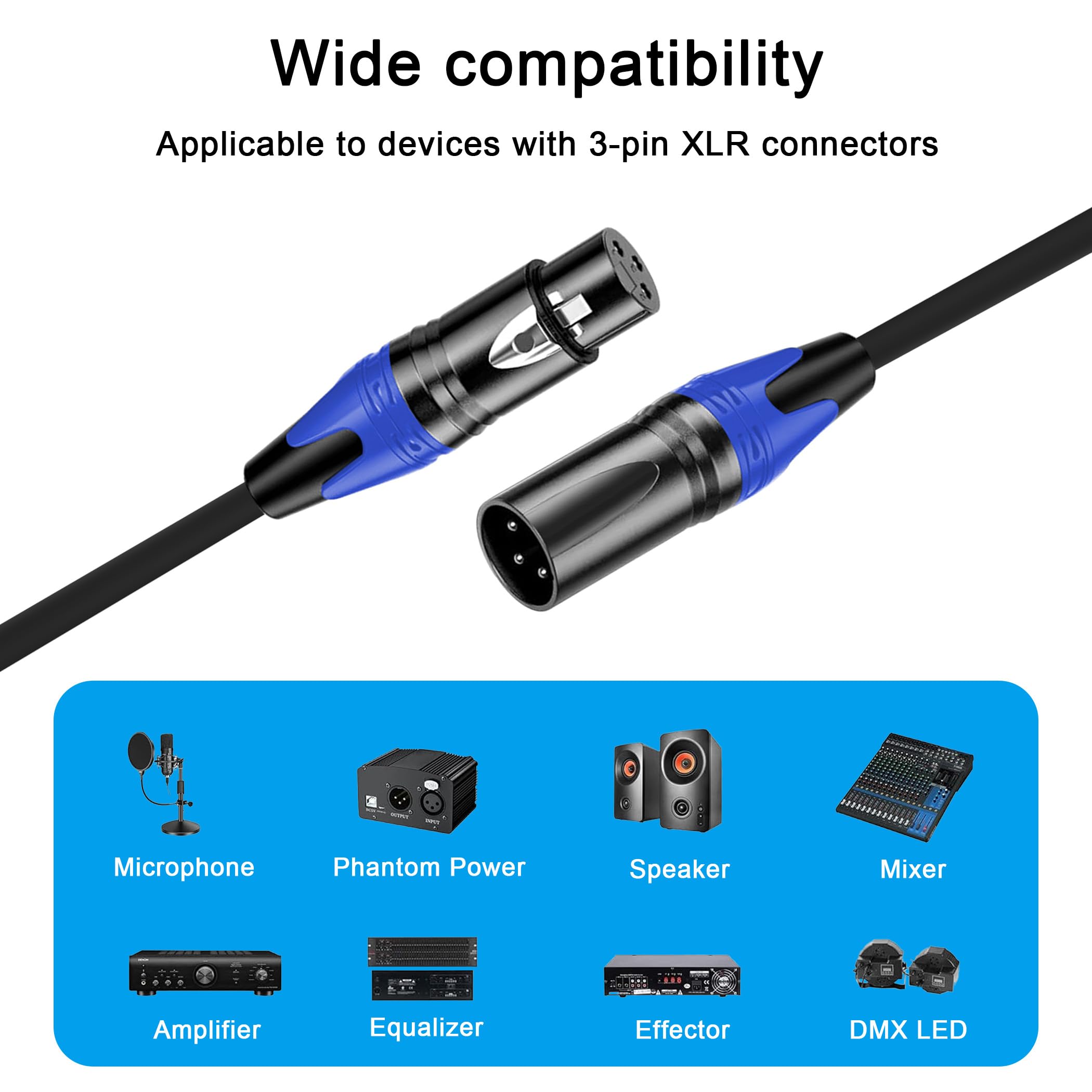 XLR-Kabel, 2 m, hochwertiges symmetrisches Mikrofonkabel mit 3-poligem XLR-Stecker auf Buchse, Mikrofon-Lautsprecherkabel, schwarz mit 2 Farben (Blau und Grün), reines Kupfer und beschichtete
