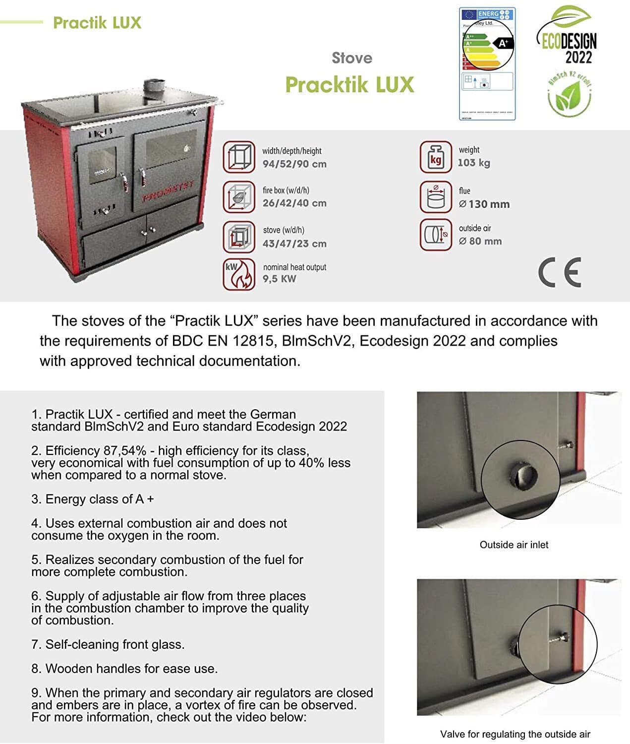 Stufa a legna con piastra superiore in ghisa Perfect lux Eco con canna fumaria destra - 7,38 kW