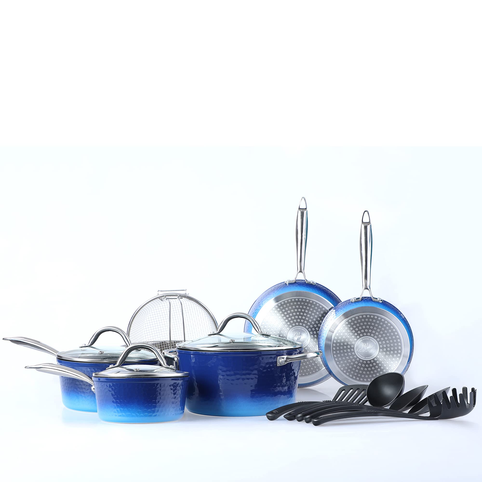 Kitchen Academy 15 Piece Nonstick Granite Coated Cookware Set Complete Pots and Pans Set with Tools