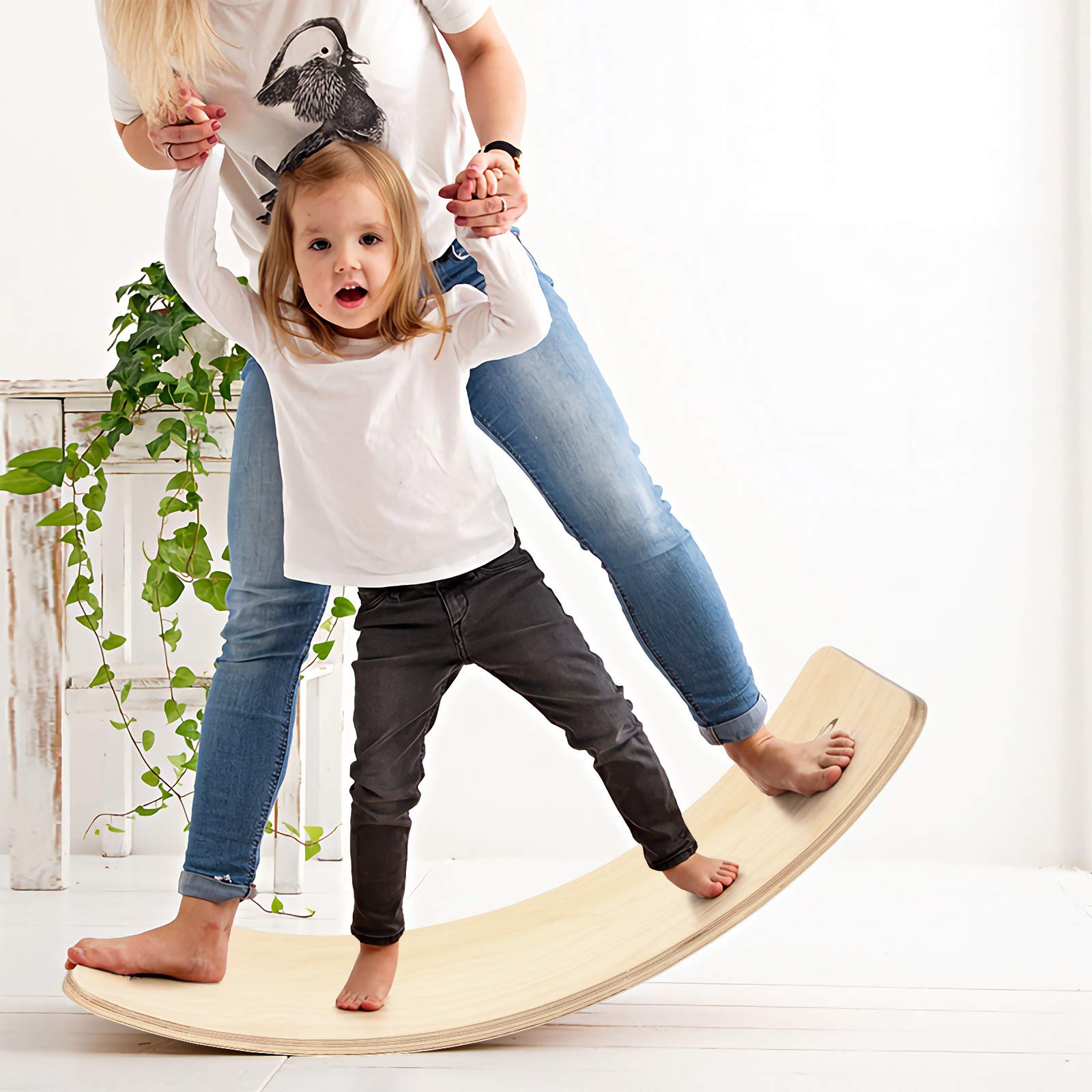 COSTWAY Balance Board Curva in Legno Massello con Feltro Antiscivolo