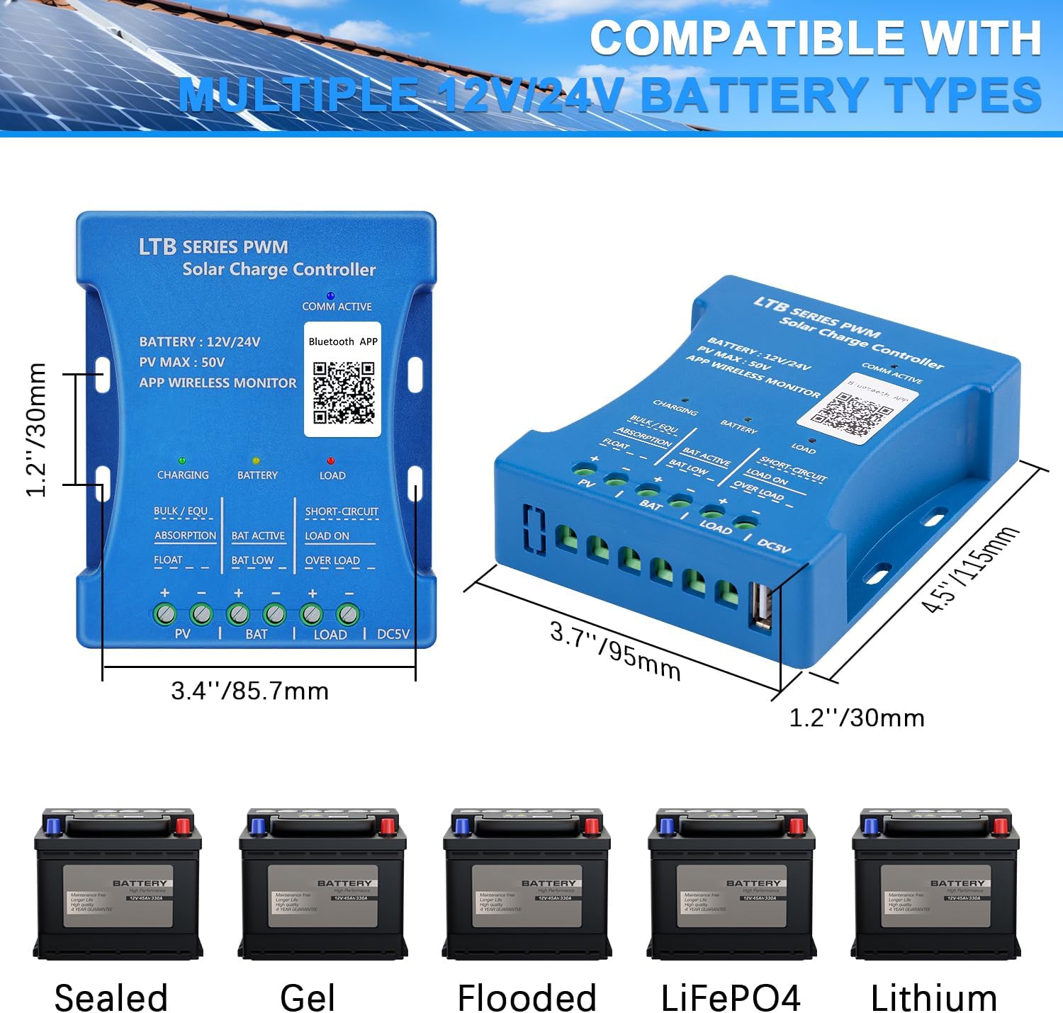30A PWM Solar Charge Controller for Sealed/Gel/Flooded/LiFePO4/Lithium Batteries 12V 24V Auto Matching Intelligent Regulator with Bluetooth APP Remote Monitor, 5V USB Port, 7 Load Modes, Blue