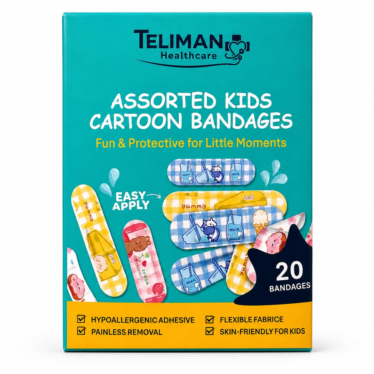 Assorted Kids Cartoon Bandages, Flexible Fabric, Hypoallergenic Adhesive, Painless Removal, 20 Count-image-13