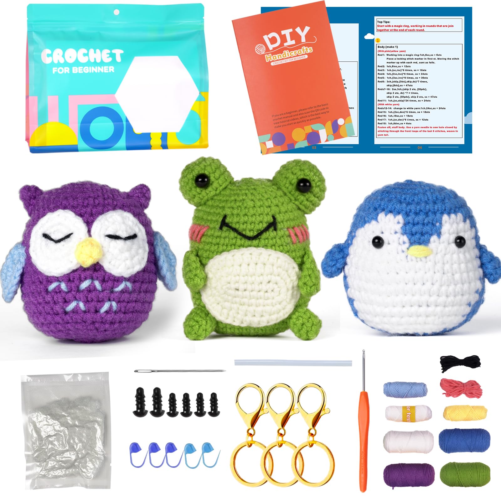 7Cdxd Frog-Mx Crochet Kit For Beginners, Diy Crochet Kit, 3 Crochet Animal Kits For Beginners With Video Tutorial, Crochet Starter Kit, Birthday Gifts For Adults And Kids