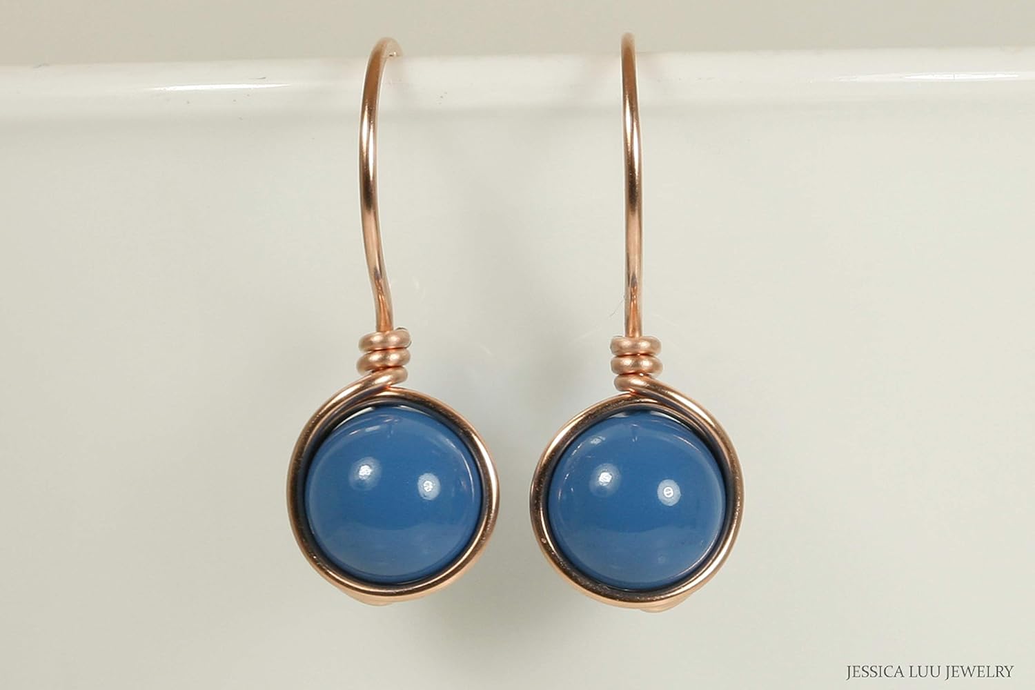 Jessica Luu Jewelry Rose Gold Lapis Blue Nacre Pearl Earrings Wire Wrapped Handmade
