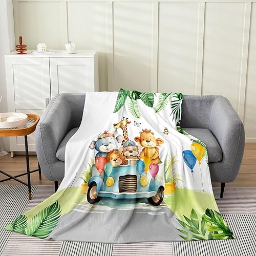 Manta de franela de animales de dibujos animados de la selva, cálida y ligera, manta cálida y cálida Kawaii con diseño de tigre y jirafa, camión