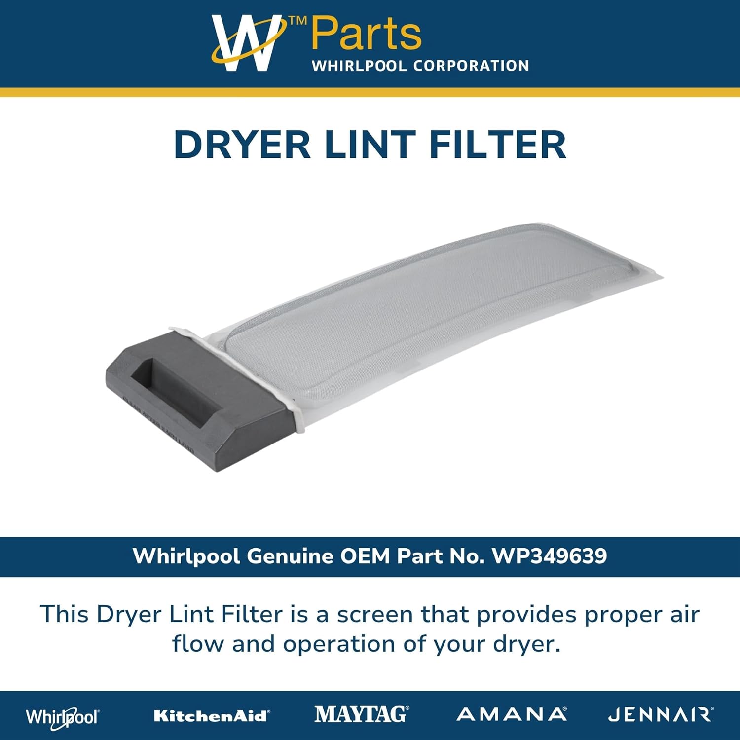 Whirlpool WP349639 Genuine OEM Dryer Lint Filter Replacement Part - Replaces 3387232, 693845, 786054, 349639