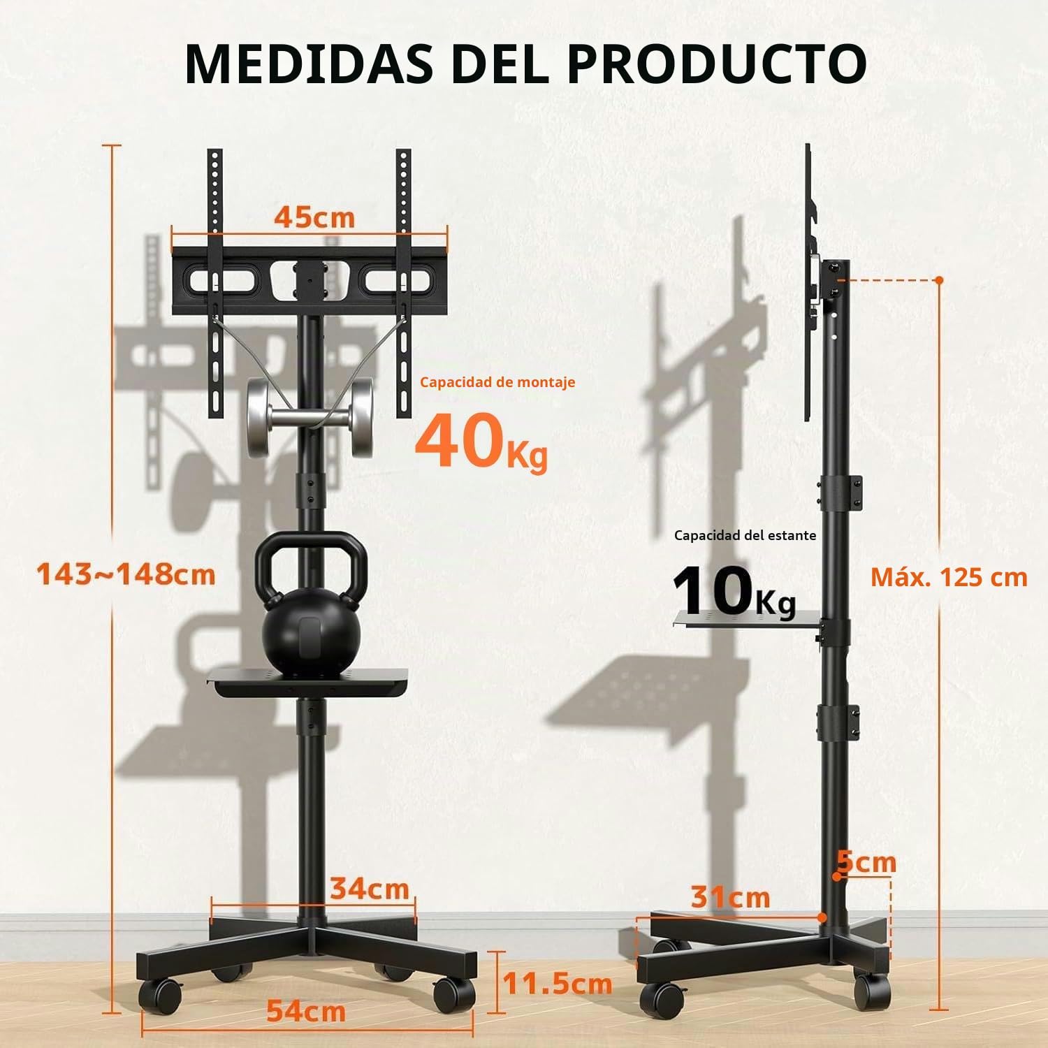 Soporte-TV Ruedas para televisores de 23-60 Pulgadas – Soporte-TV-pie móvil con Altura Ajustable, inclinable, Estante Multimedia y gestión de Cables, VESA hasta 400 x 400 mm, Carga 40 kg, Negro