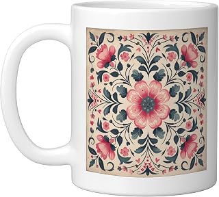 Pink Traditional Norwegian Rosemaling Folk Art Ceramic Mug, White