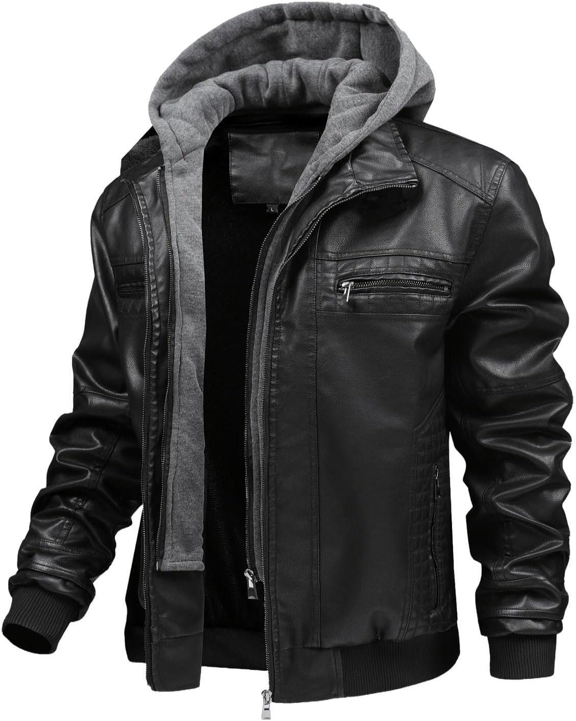 FTIMILD Men's Leather Jacket Motorcycle Jacket Windproof PU Vintage Bomber Jacket with Removable Hood