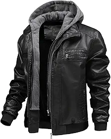 FTIMILD Jaqueta masculina de couro com capuz removível à prova d'água, jaqueta bomber com vários bolsos