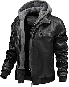 FTIMILD Jaqueta masculina de couro com capuz removível à prova d'água, jaqueta bomber com vários bolsos