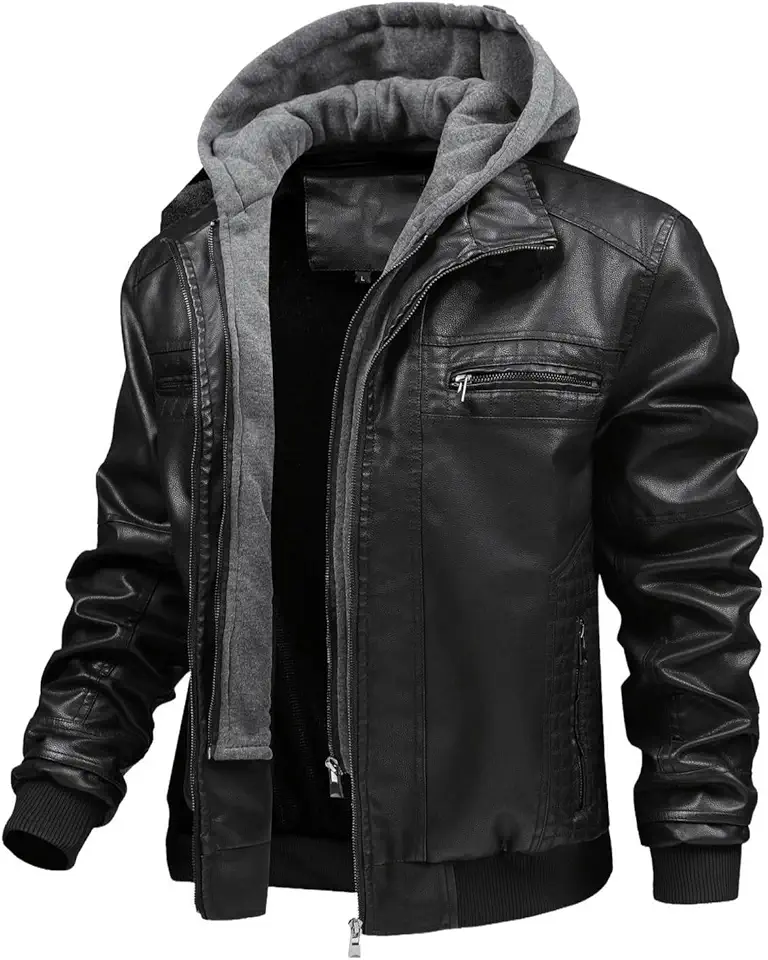 FTIMILD Jaqueta masculina de couro com capuz removível à prova d'água, jaqueta bomber com vários bolsos