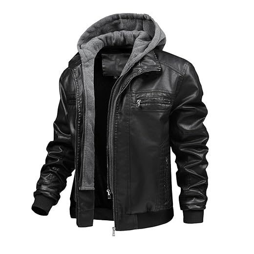 FTIMILD Jaqueta masculina de couro com capuz removível à prova d'água, jaqueta bomber com vários bolsos