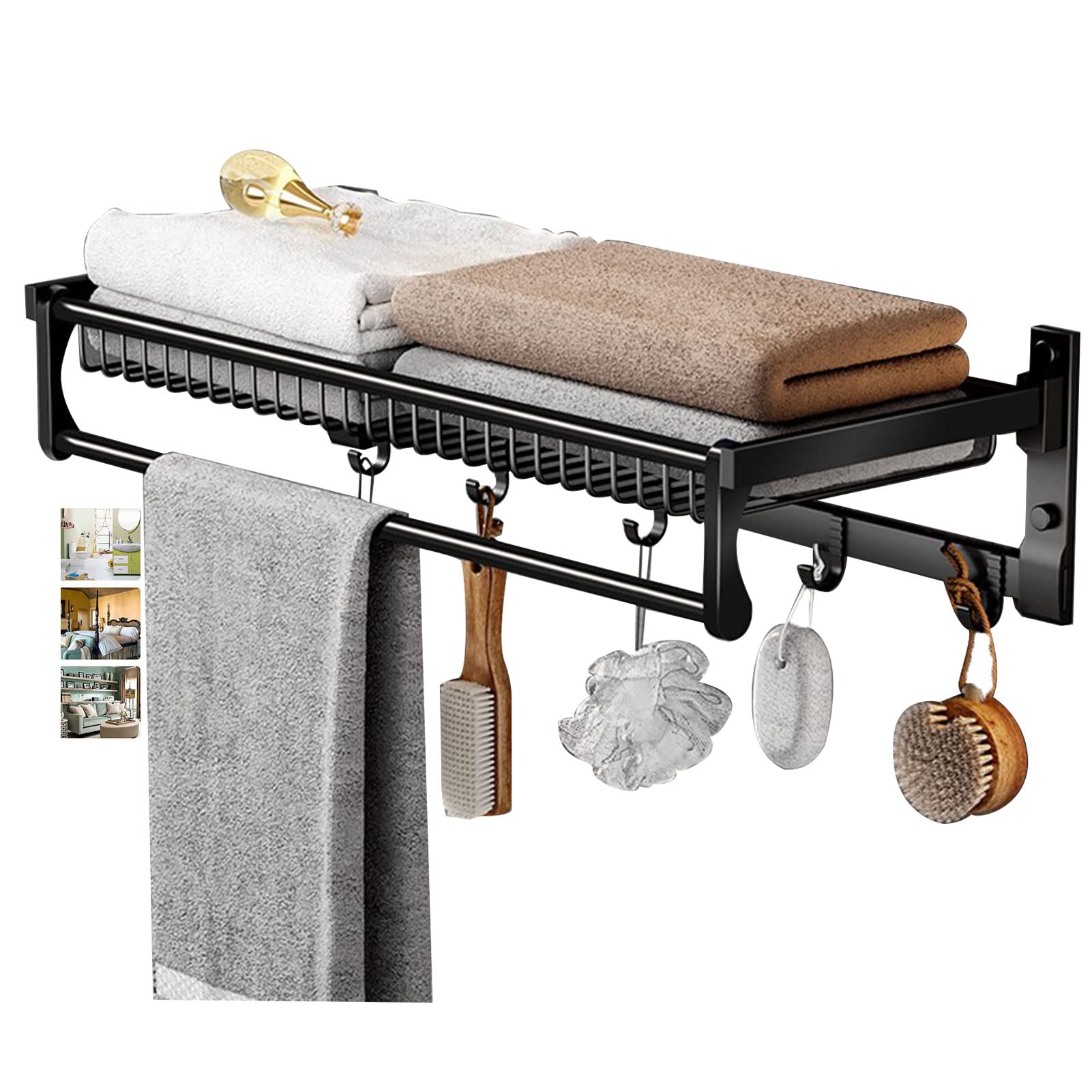 Porte-serviettes pliant 50cm en aluminium noir mat avec étagère et crochets