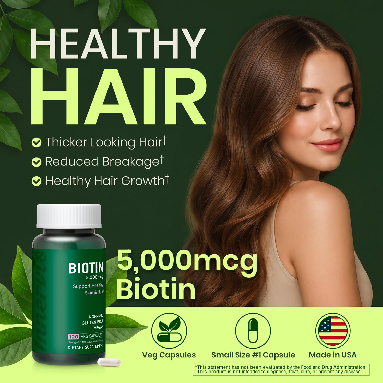 Biotin 5000 mcg Supplement, Vitamin B7, Hair Skin & Nails, 120 Capsules — Amazon image 2