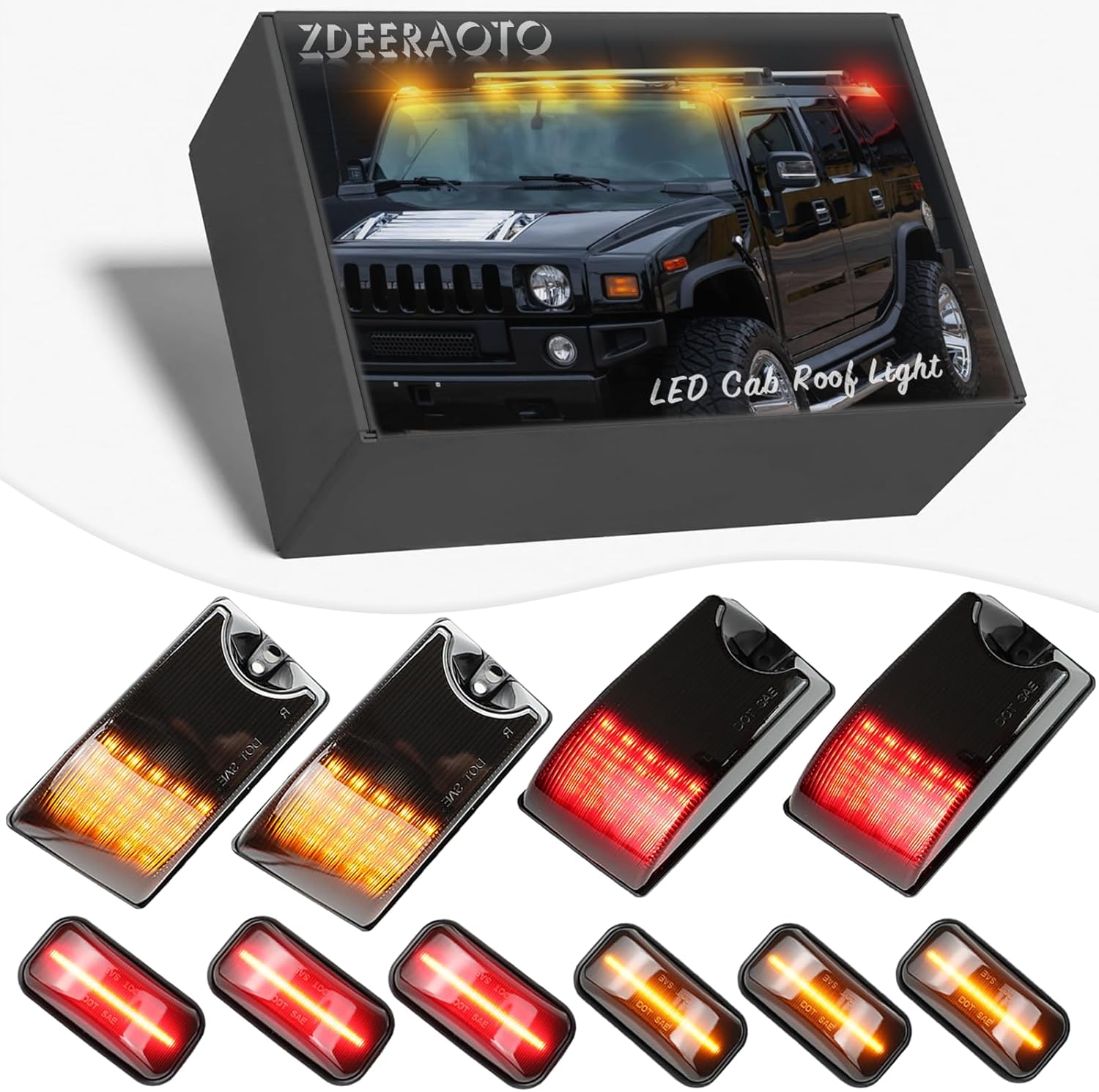 Smoked Lens LED Cab Roof Light Kit Replacement for H2 2003-2009 H2 SUT 2005-2009,Top Clearance Size Marker Lights Amber & Red LED Front Rear OE Halogen Lamps Replacement,10 PCs