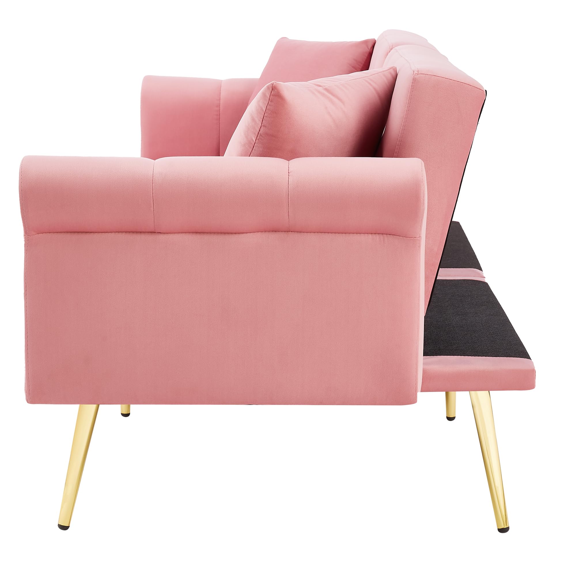Azkoeesy Divano letto moderno a 2 posti in velluto 173 cm con gambe in metallo dorato e rivetti, 2 cuscini, schienale regolabile a 3 posizioni, per soggiorno e ufficio (rosa)
