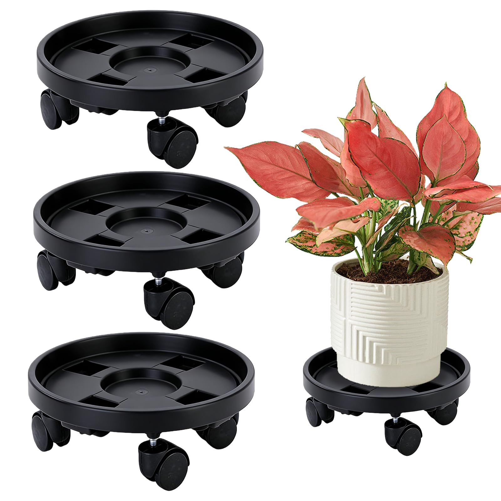 PORFOYO Dessous de Pot de Fleur à roulettes 3 Pièces, Porte Plante à roulettes 30cm, Soucoupe Pot Fleur à roulettes, Charge 50kg, Intérieur et Extérieur