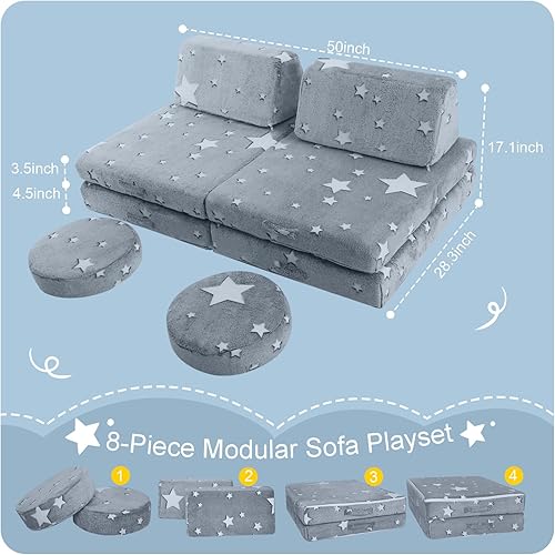 Miniatura 98 de MeMoreCool Sofá modular para niños de 1 a 3 años, 8 piezas de dinosaurio que brilla en la oscuridad, sofá de espuma para niños, juego convertible
