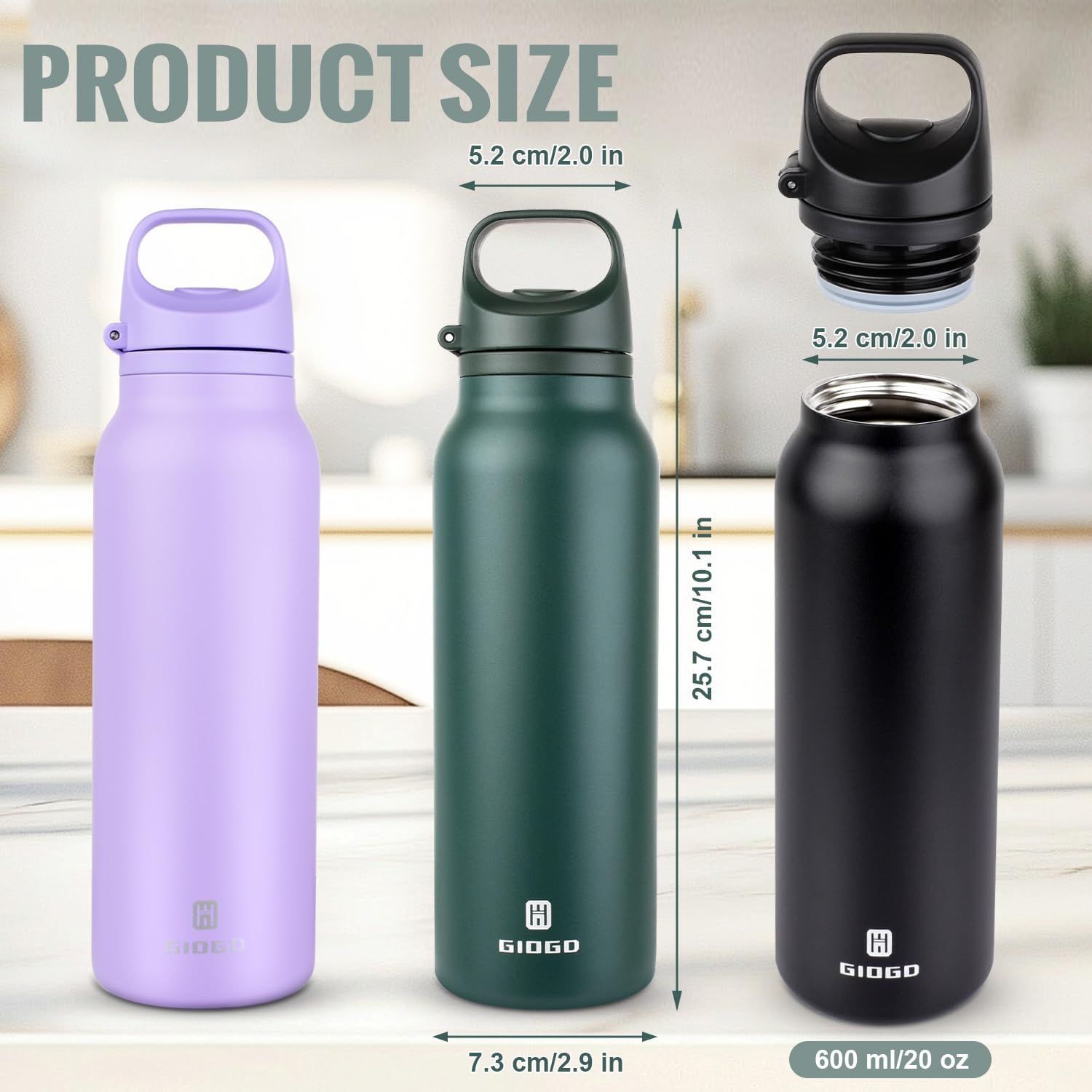 Insulated Thermo Water Bottle with Handle 20oz Stainless Steel Water Bottle Metal Water Flask Water Bottle for Hot and Cold Drink for Hiking, Workout, Gym, Travel (Green, 600ml) - Image 2