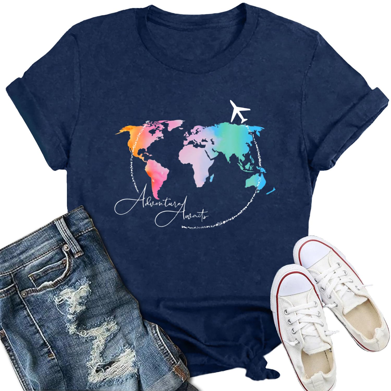 IFQ Travel Shirts for Women Airplane Trip T-Shirt Adventure Awaits Vacation Crewneck Tee