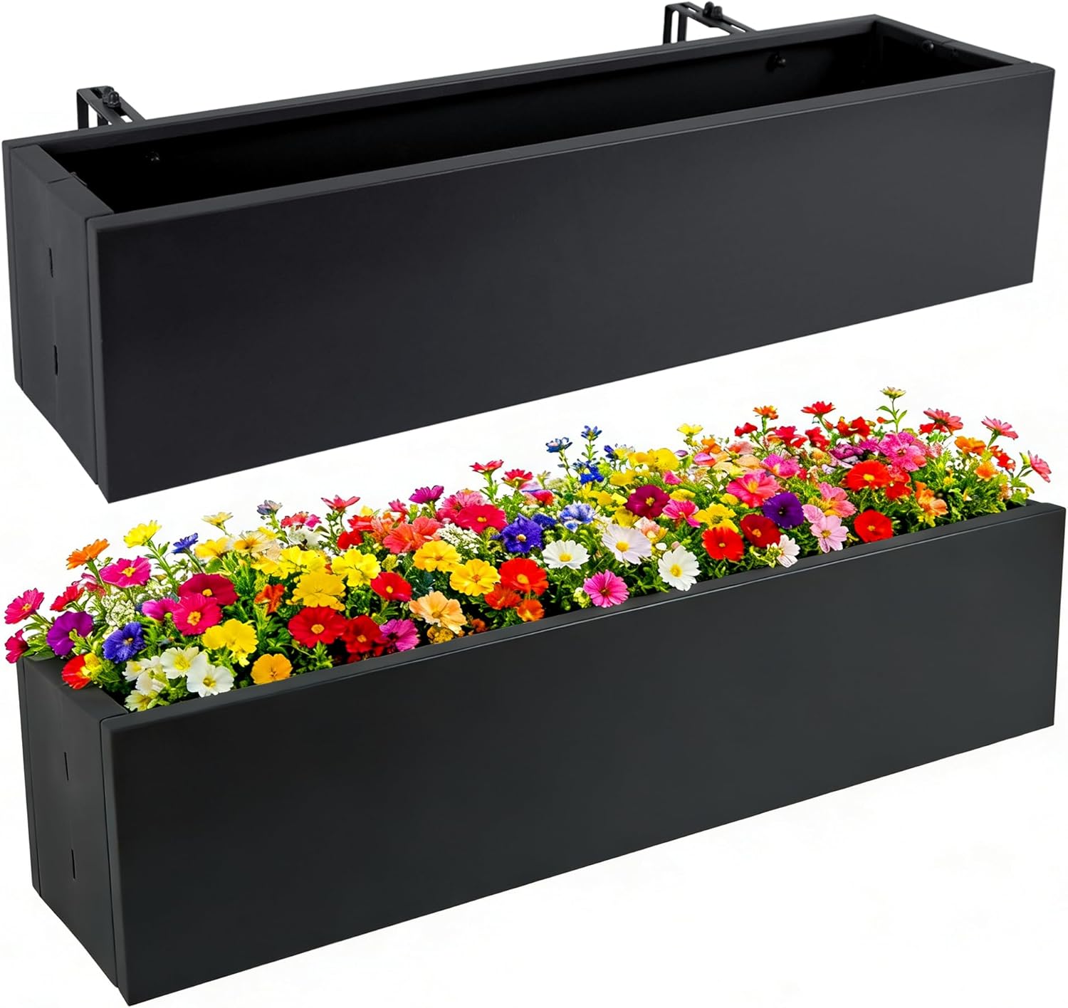 2 Pack Metal Railing Planter Box, 30 Inch Balcony Planters with Adjustable Brackets, Large Hanging Planters for Outdoor Fence Deck