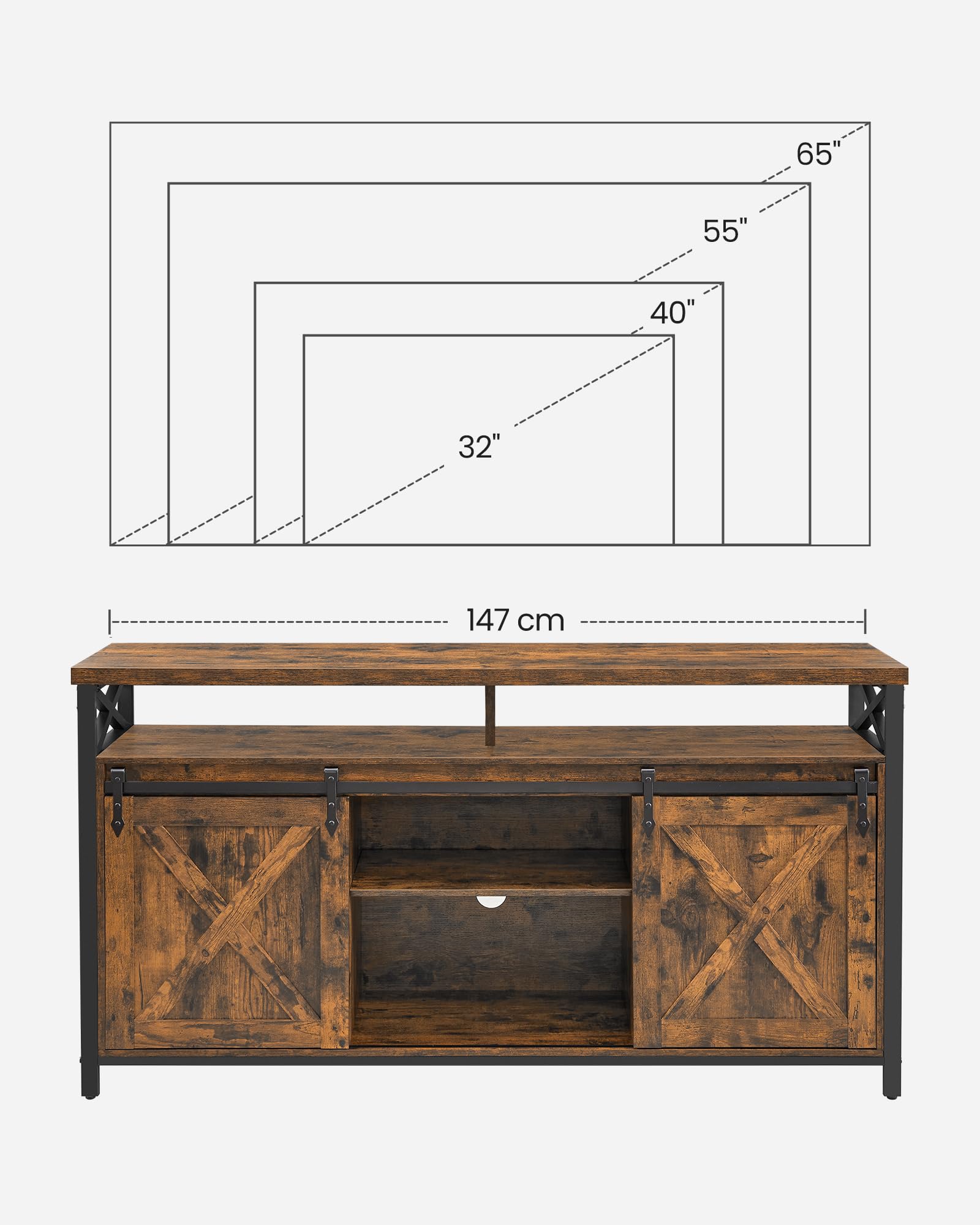 VASAGLE Mueble para TV, Soporte para TV de 65 Pulgadas, con Estantes Ajustables, Puertas de Granero, Diseño de Granja, Marco de Metal, Marrón Rústico y Negro LTV071B01V1