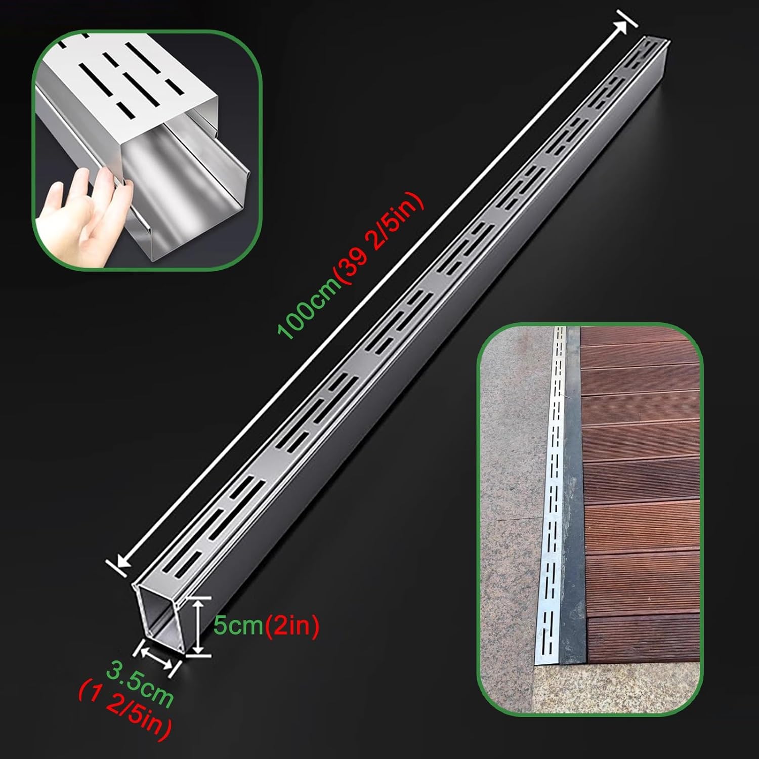 304 Stainless Steel Channel Drain for Yard, Garden & Pool Deck - Slim Recessed Linear Drainage System with Grate, 2-Piece Set (1.4" W x 2" H) for Efficient Water Flow