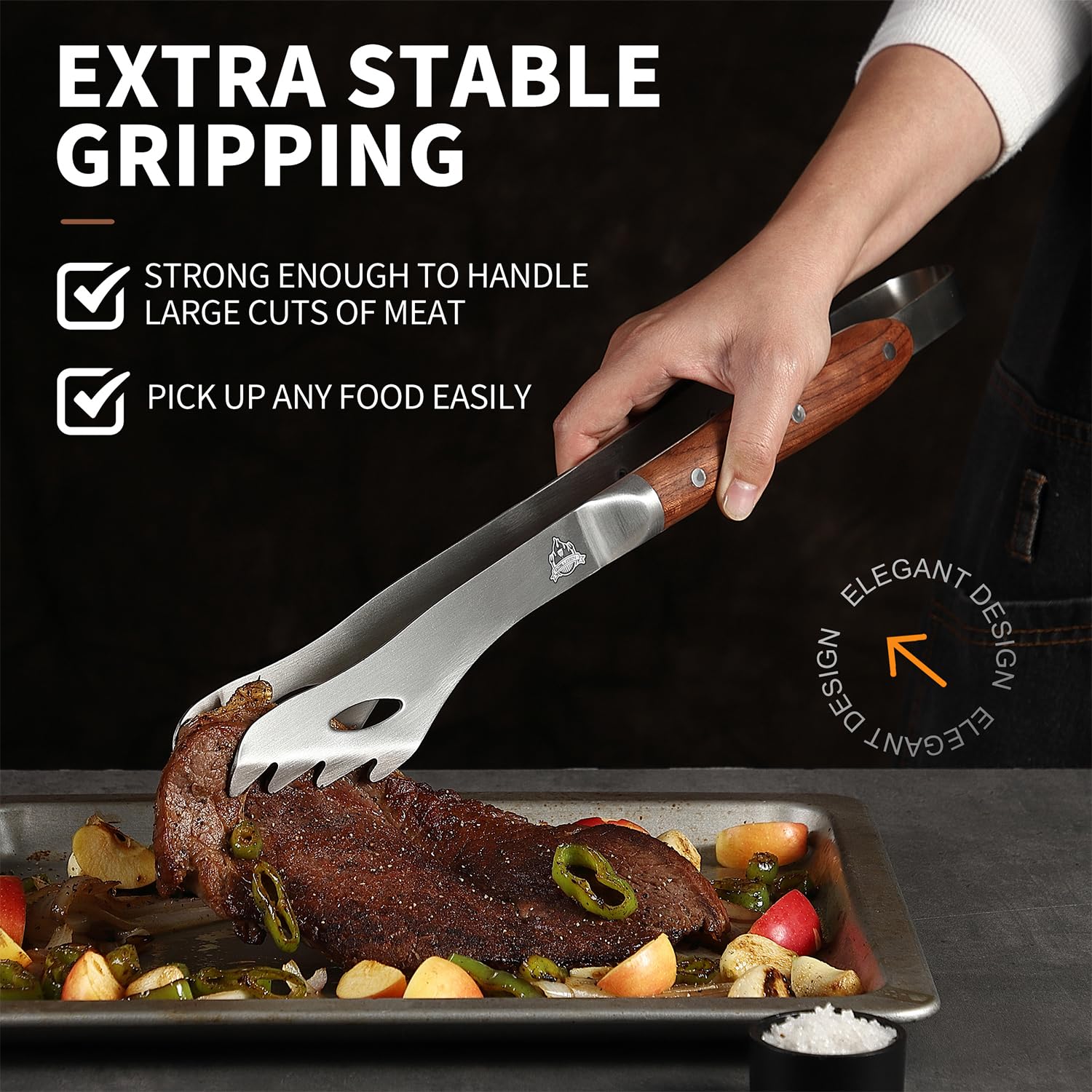 GRILLGEN Wytrzymałe szczypce do grilla z palisandru, długość 42 cm, szczypce do grilla premium do grillowania na zewnątrz, niezbędne akcesoria do grilla i grilla, najlepszy prezent