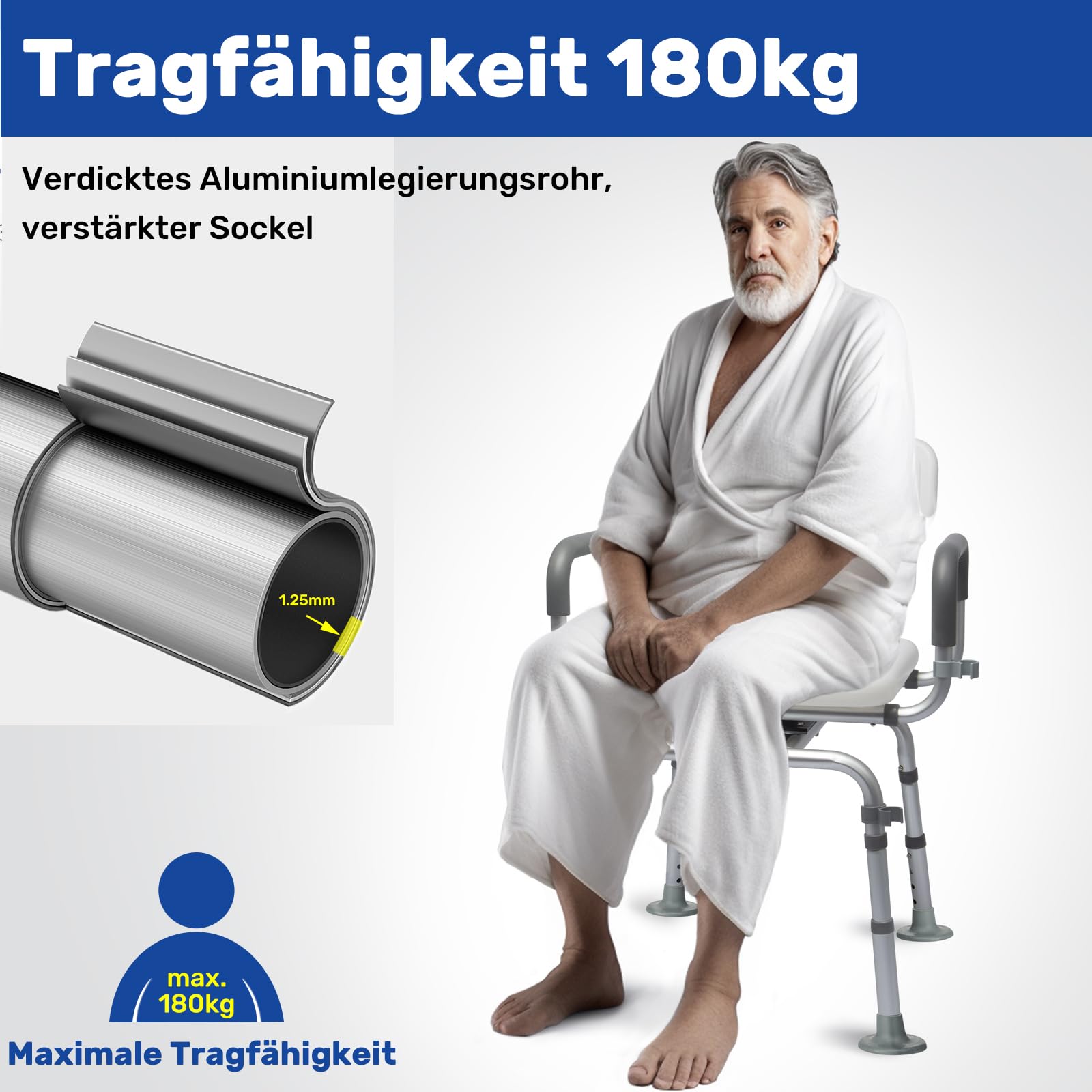 Silla de ducha giratoria de 360 ° con respaldo y reposabrazos, giratoria, resistente al frío, soporta hasta 154 kg, montaje sin herramientas, ideal para la ducha interior