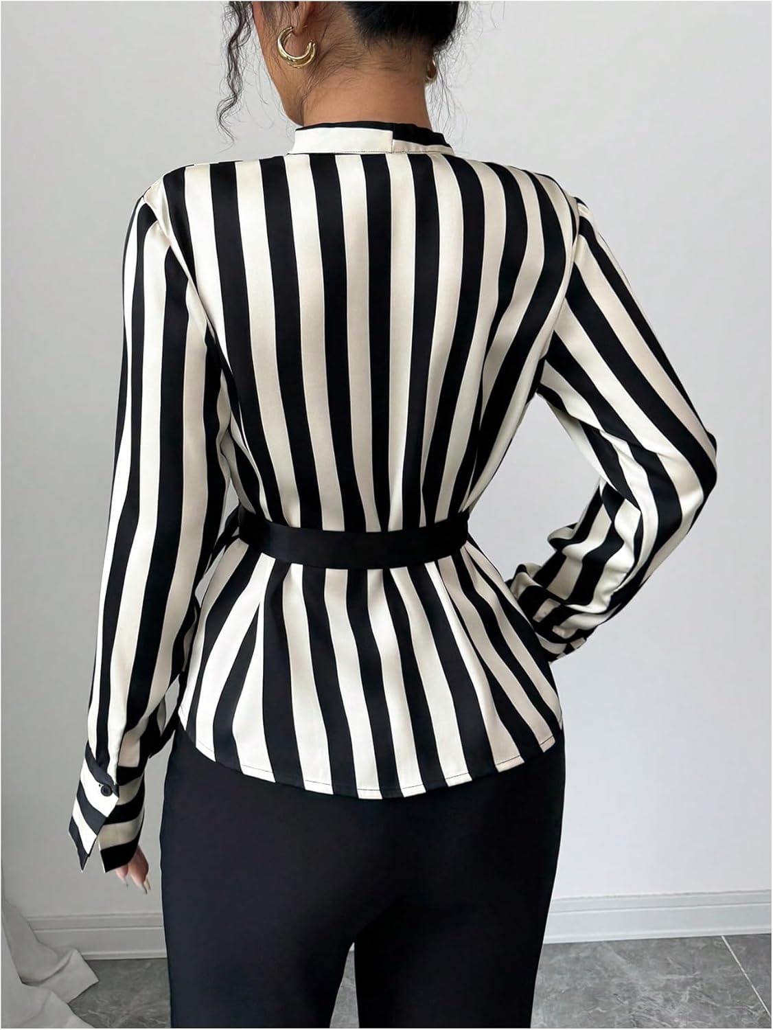 SOLY HUX Women's Tie Front Wrap Tops Striped Long Sleeve Shirt V Neck Dressy Casual Blouses - Image 3