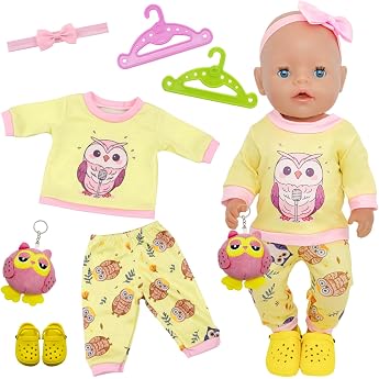 Doll Clothes for 36-43 cm Newborn Baby Dolls Yellow Owl Dolls Clothing Outfit 1 Owl Stuffed Animal 1 Top and Trousers 1 Slippers 1 Hairband 2 Hangers Clothing Suitable for 14-18 Inch Dolls