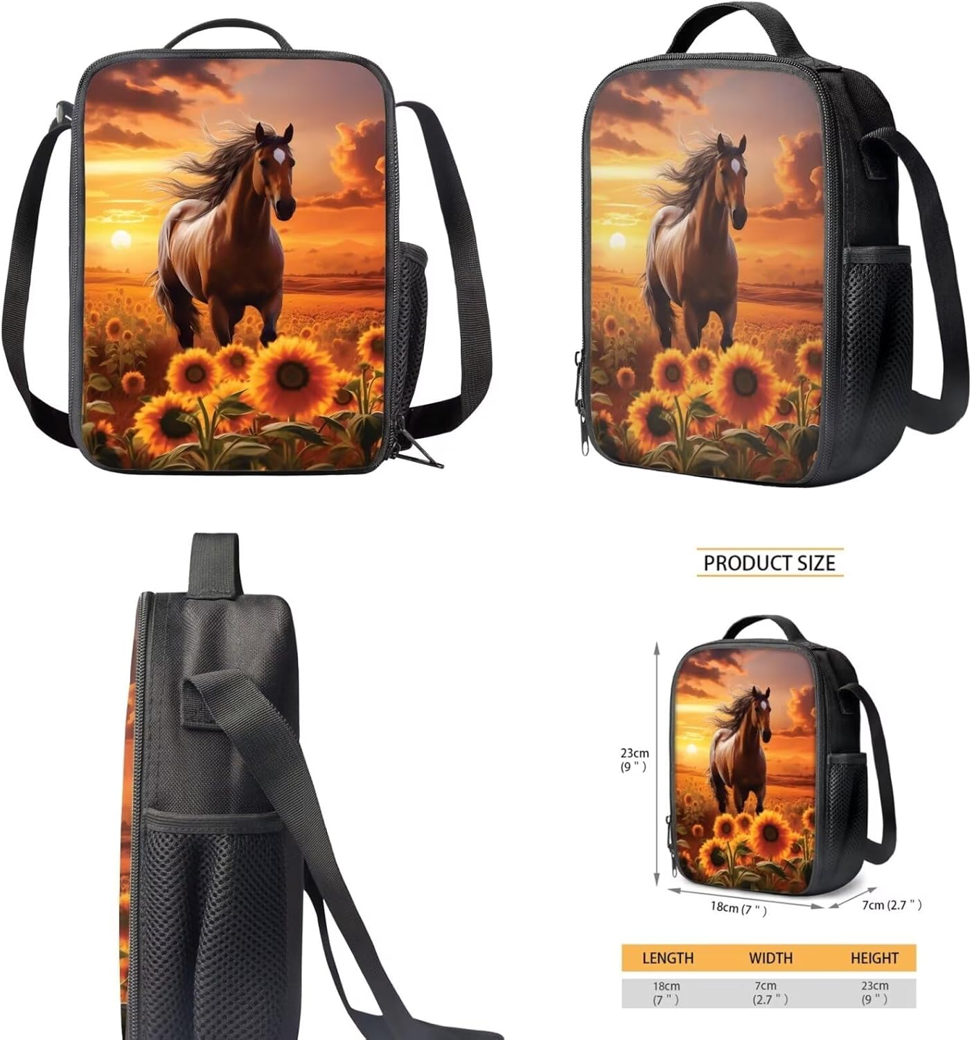 Horse Backpack with Lunch Box Kids Girls Elementary/Middle School Bag Sunflower Bookbag Lunch Bag Pencil Case Water Bottle Holder Back Pack Back to School Daycare Bag 4 In 1