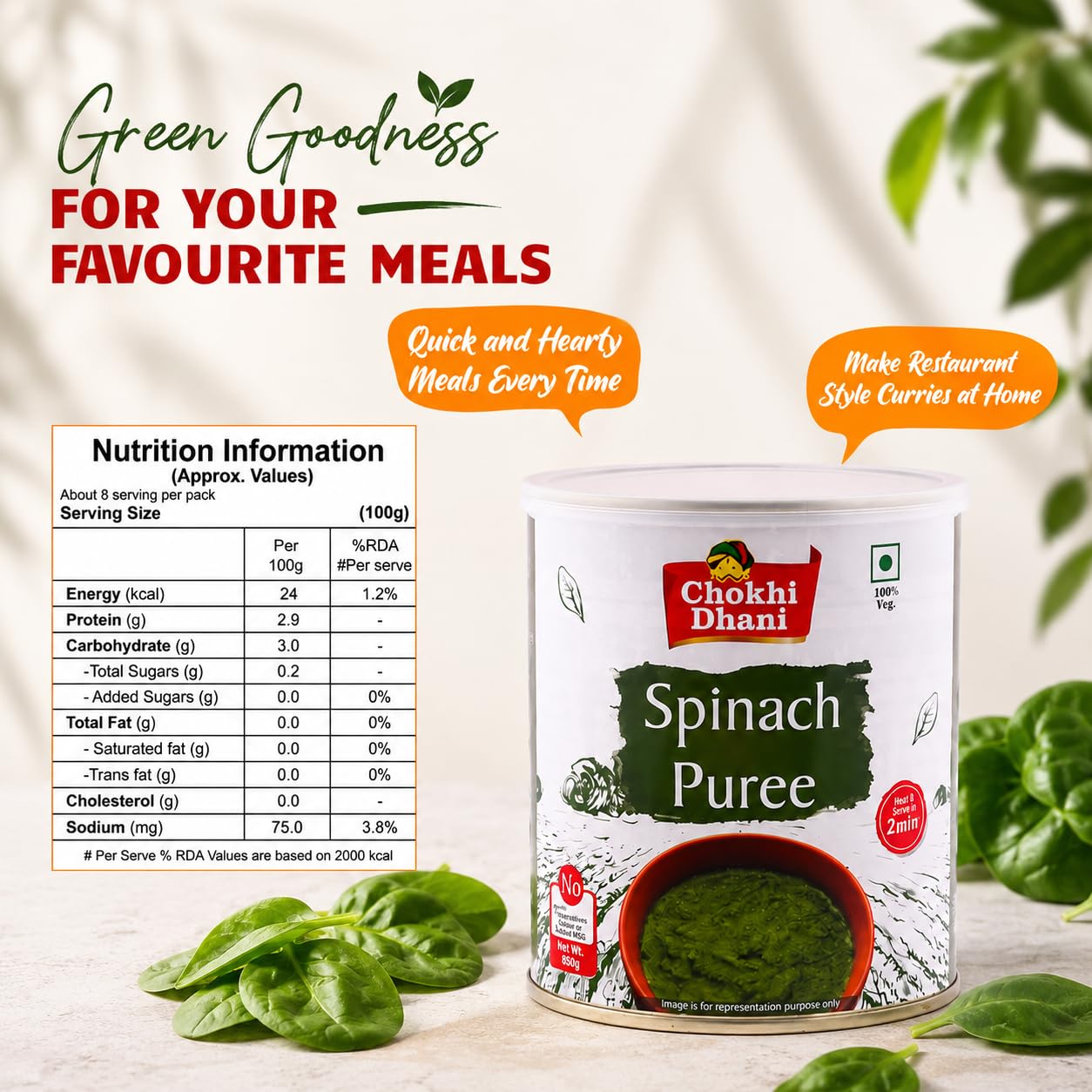 Chokhi Dhani Spinach Puree 800g | Ready to Cook Palak Puree | Fresh & Hygienic | Just add Paneer or Corn & Serve in 2 Minutes | Ideal for Curries, Palak Paneer 3