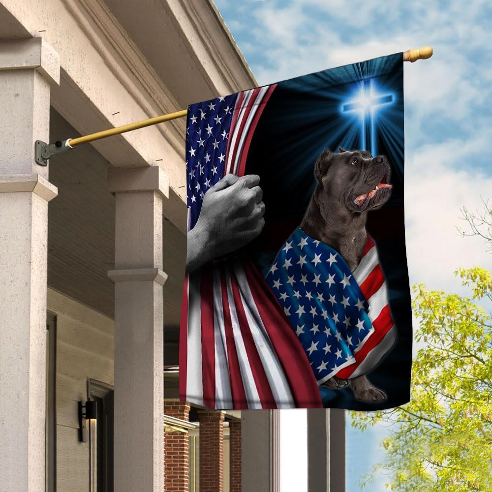 Hand Pulling Back USA Flag Cane Corso Dog Wearing Flag American Cross Christian Patriotic House Flag (3x5) Double Sided-USA Flags Premium Polyester-Decorative Indoor Outdoor Flag