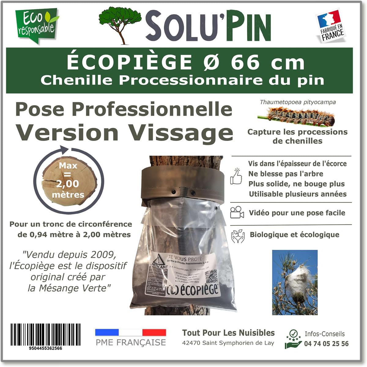 Piège Chenille Processionnaire du Pin – pour Tronc Jusqu’à 2,10 m – Kit Complet Écopiège Professionnel SoluPin Ø 66 cm à Vissage – Cerclage Réutilisable sans Insecticide – Conçu et Fabriqué en France