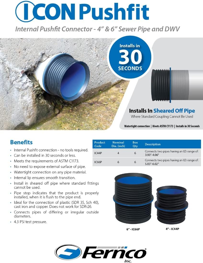 Fernco 6" ICON Pushfit DWV Internal Coupling Sheared Off Pipe Connector, Plastic, Cast Iron and Copper