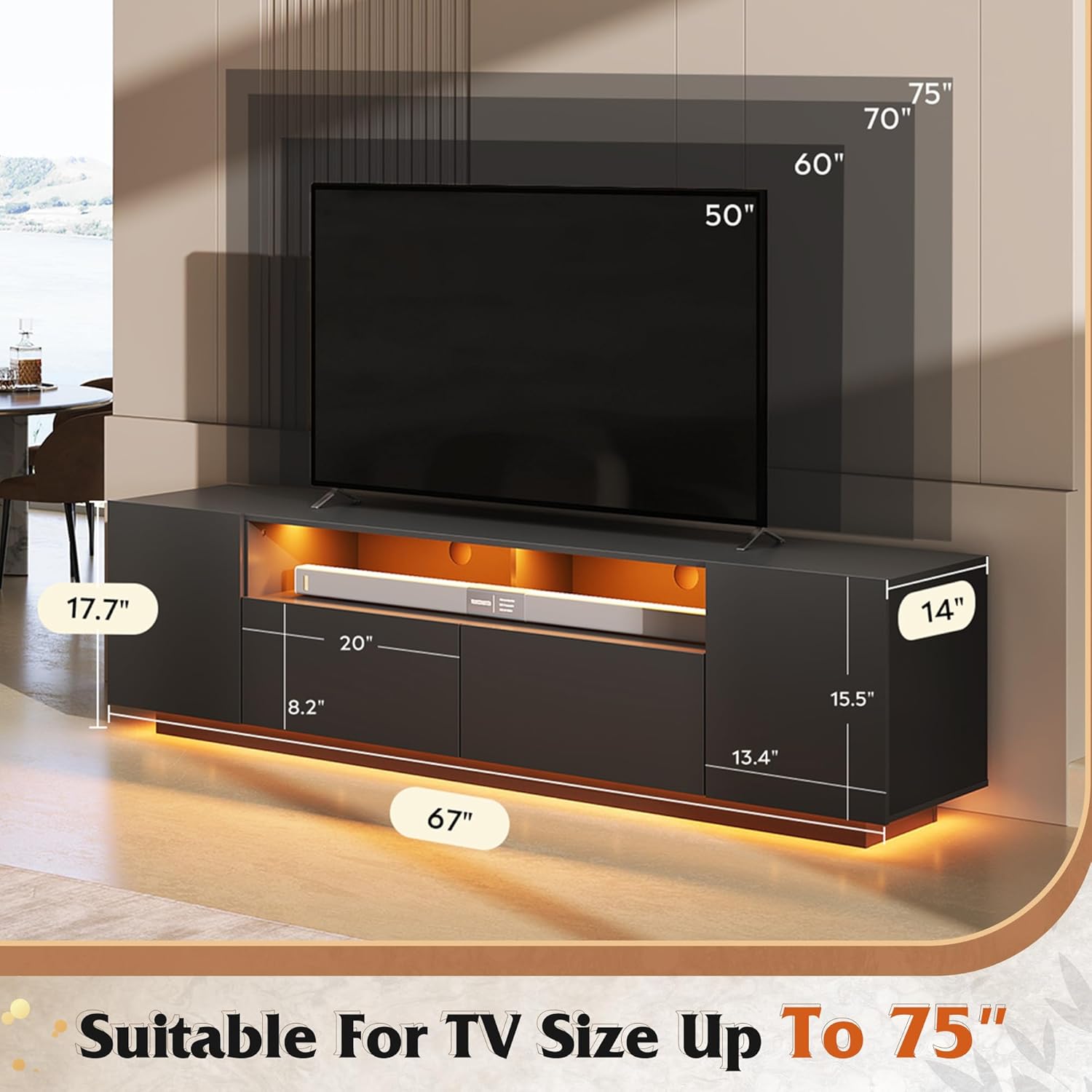 WLIVE LED TV Stand with Large Storage Cabinet, Modern Entertainment Center for 55/60/65/70/75 Inch TVs, Sturdy TV Console for Living Room, Bedroom,Rec Room(Black)
