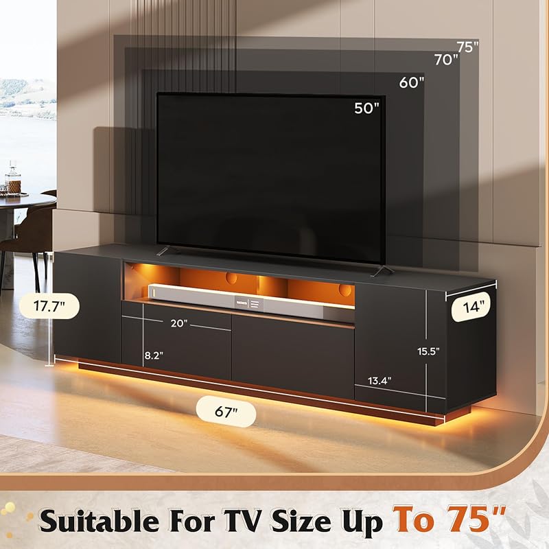 WLIVE LED TV Stand for 65/70/75 Inch TVs, Modern Entertainment Center with Storage Cabinets and Drawer, Gaming Media TV Console with RGB Lights for Living Room, Black image 3