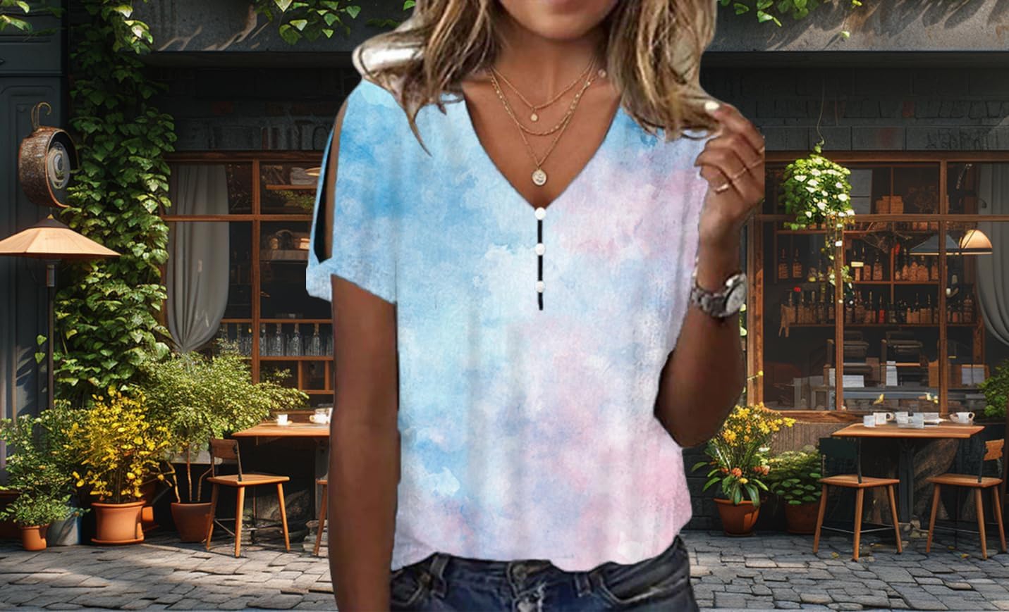 Cold Shoulder Tops for Women 2024 Marble Printing V Neck Fashion Novelty Fit Camping Tee Off The Shoulder Tops for Women - Image 3