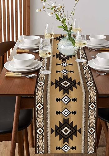 Miniatura 4 de Southwestern - Juego de camino de mesa y manteles individuales, arpillera, lavables, para cocina, granja, marrón, azteca, nativo (4 manteles
