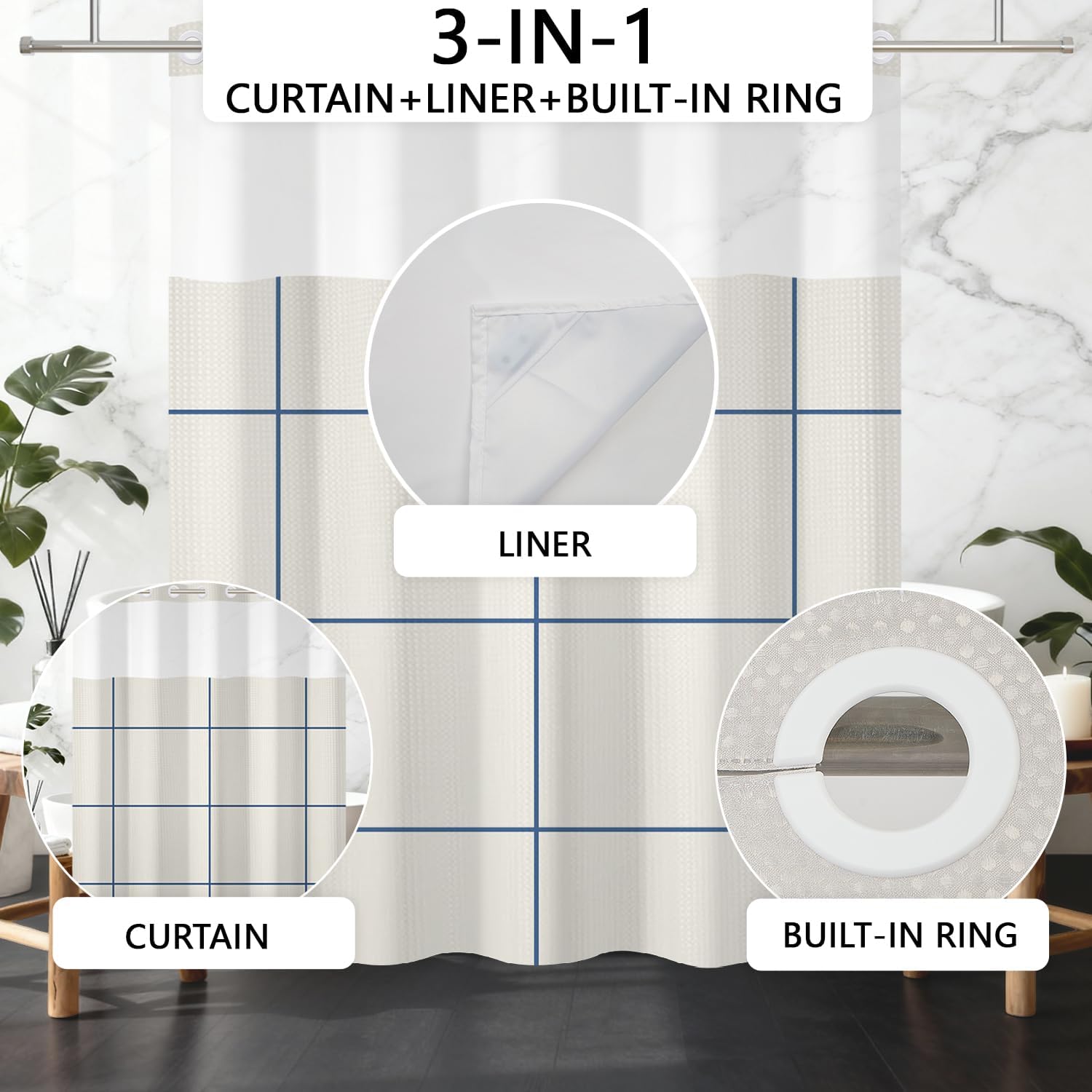 No Hook Shower Curtain with Snap in Liner Set, Waffle Hotel Style Shower Curtains, Waterproof Fabric Double Layers with Mesh Top Window, 71'' W x 74'' H, Neutral