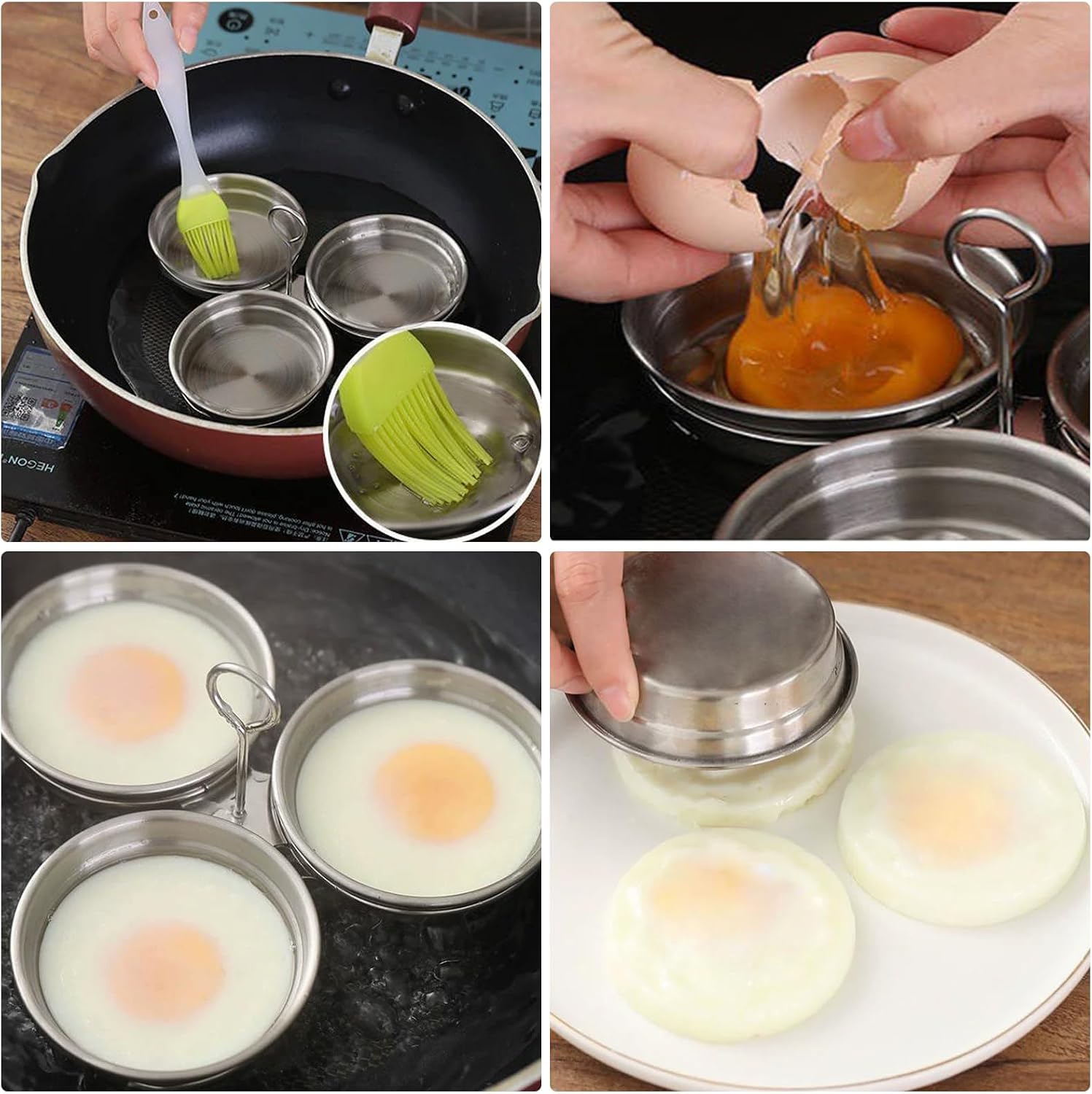 Stainless Steel Egg Poacher - 3 Cup Nonstick Poached Egg Maker with Oil Brush and Spoon for Breakfast