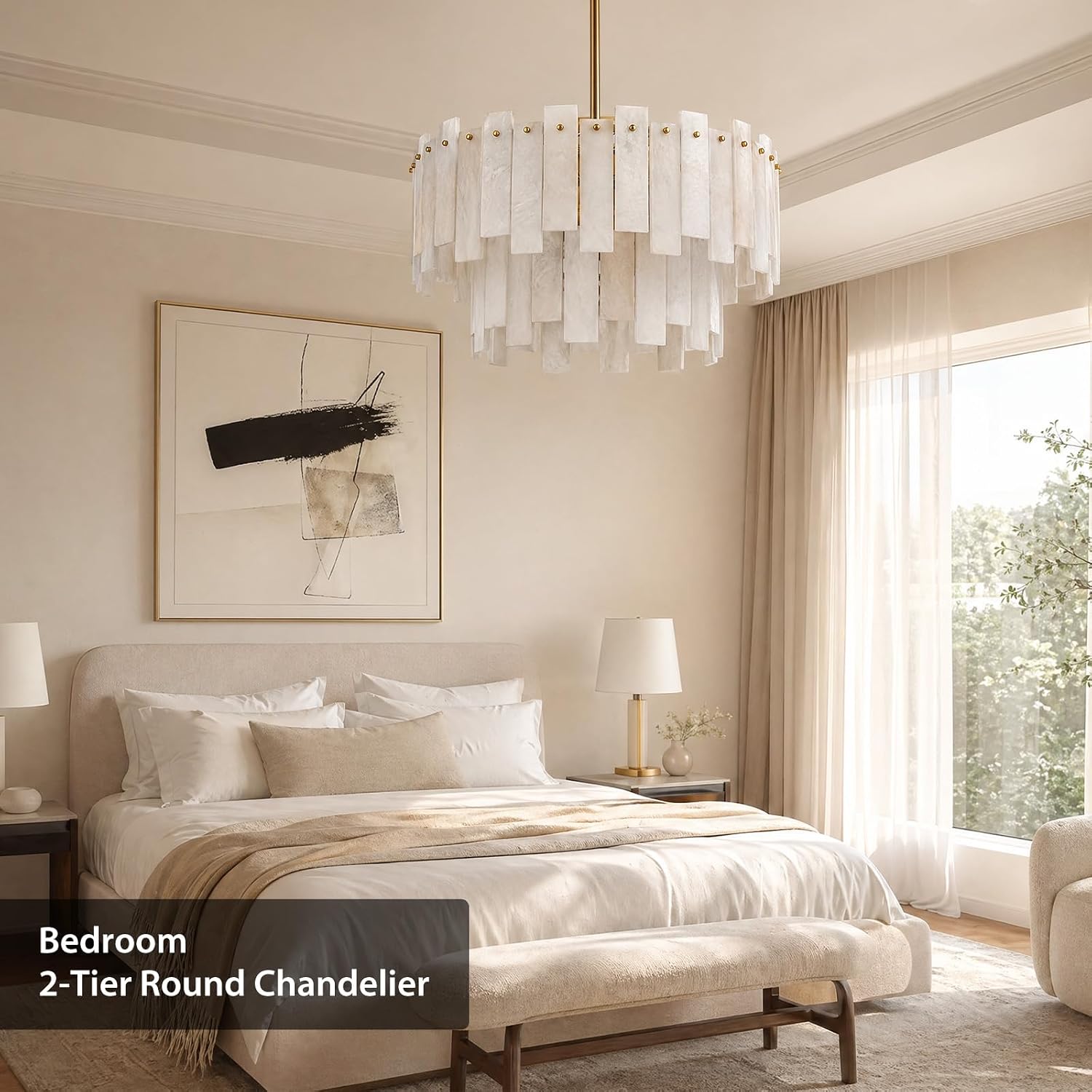 Alabaster Chandelier, 24" Spanish Alabaster Round Chandeliers 2-Tier,Modern Adjustable Gold Marble Pendant Chandeliers for Dining Room, Living Room, Bedroom,Foyer,Bathroom, Included E12 Bulb