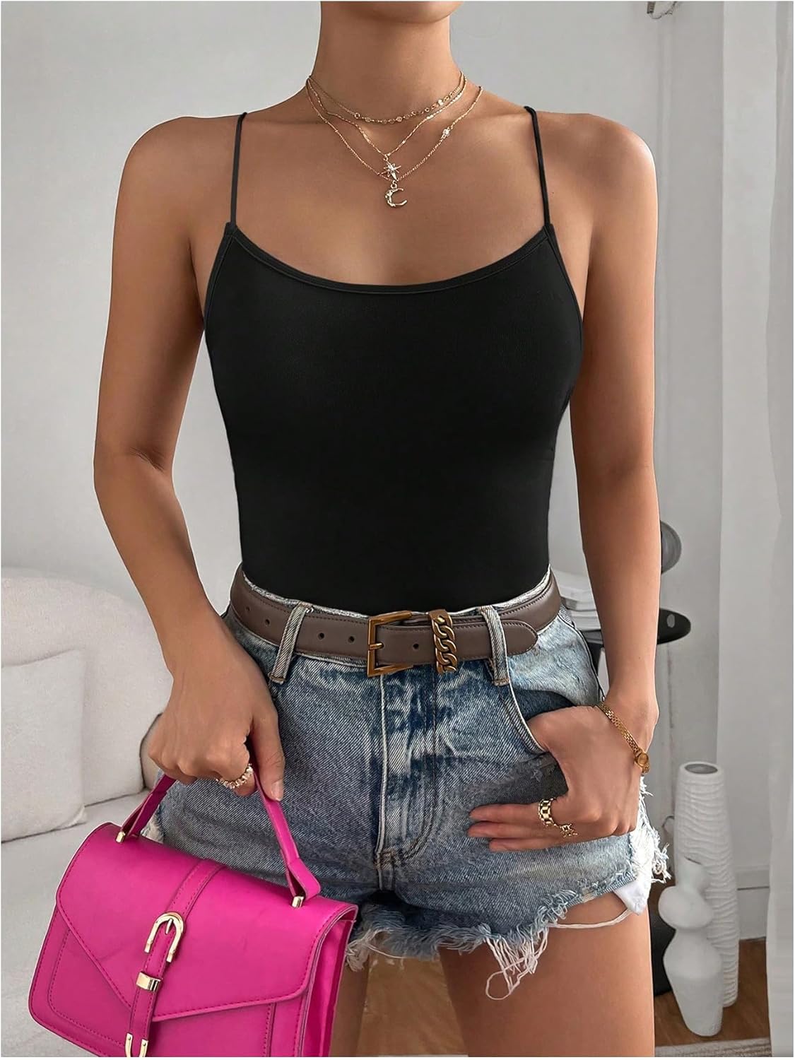 COZYEASE Women's Criss Cross Back Spaghetti Strap Bodysuits Sleeveless Backless Scoop Neck Cami Tops T Shirt - Image 6