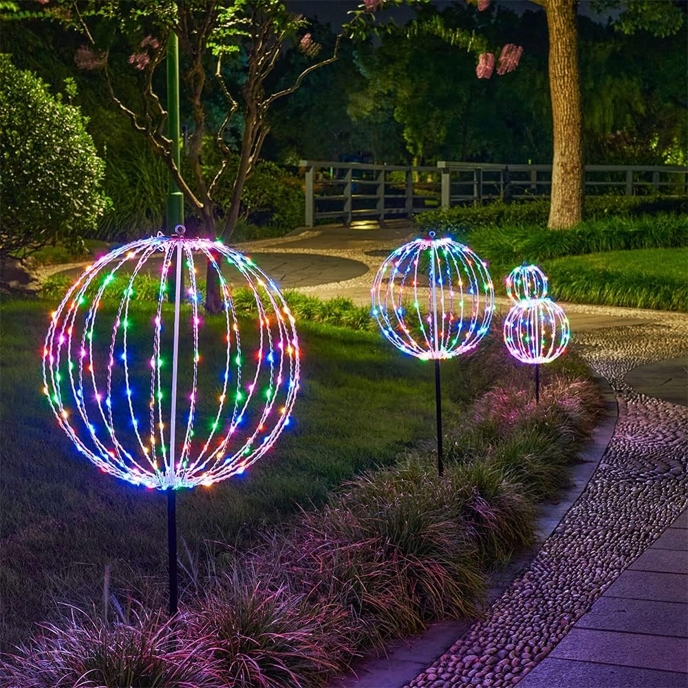 Lightshare 12IN 96LED Light Ball Yard Decoration Pathway Lights Sphere Light with Remote Control Fold Flat Metal Frame Indoor Outdoor Waterproof Garden Lights, Plug in