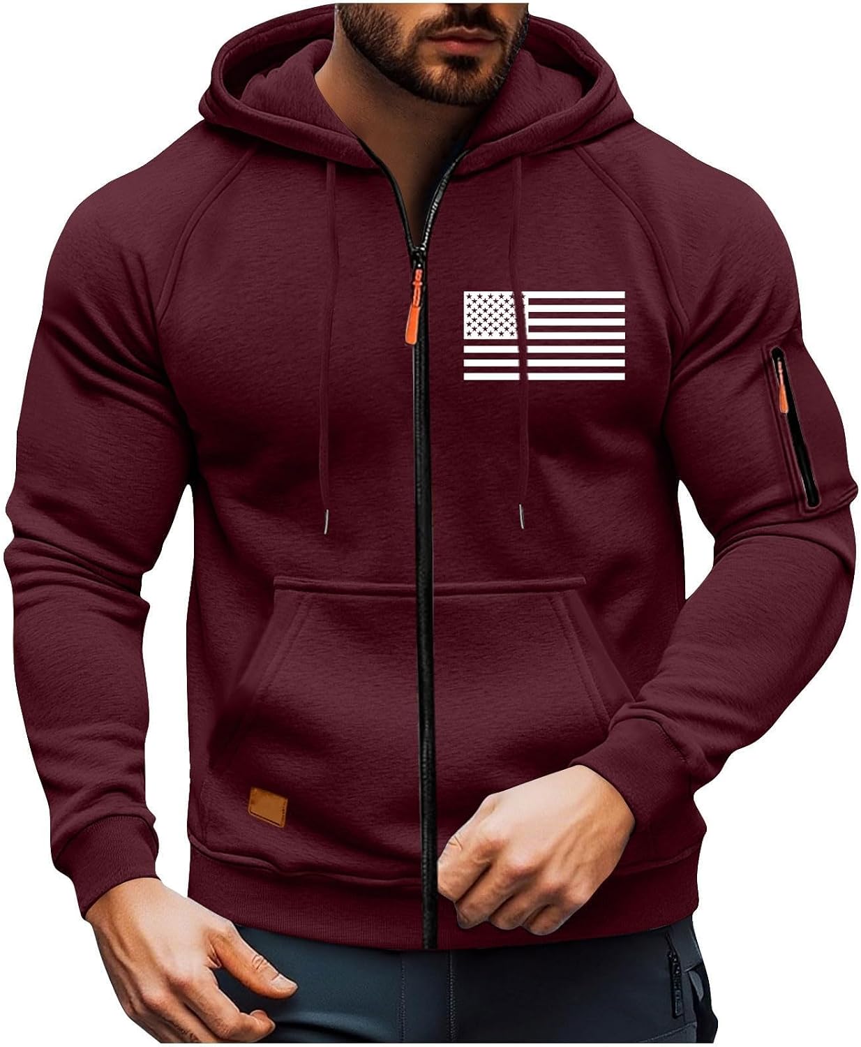 Men's Zip Up Usa Flag Print Hoodie Fall Long Sleeve Drawstring Shirt Light Patriotic Jackets With Pockets, M-3XL